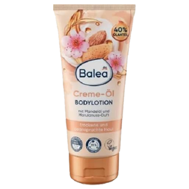 Lotion corporelle crème-huile BALEA à l'huile d'amande et au parfum de noix de marula.